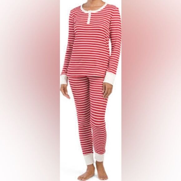 Lucky Brand Waffle Stretchy Red/White Stripe Pajama Set - Picture 1 of 11